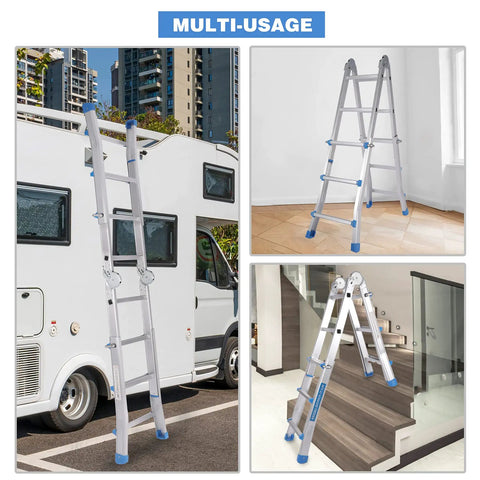 10ft A Frame Folding Ladder For Home And DIY Easy Fold Adjustable Multi-Position Aluminum Extension Ladder For Stairs Indoor Outdoor Supports Up To 330 Lbs Lightweight Silver shown in various use-cases