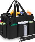 Wearable Cleaning Caddy Bag Pro Grade with adjustable shoulder strap, black, large capacity, filled with cleaning supplies, side view.