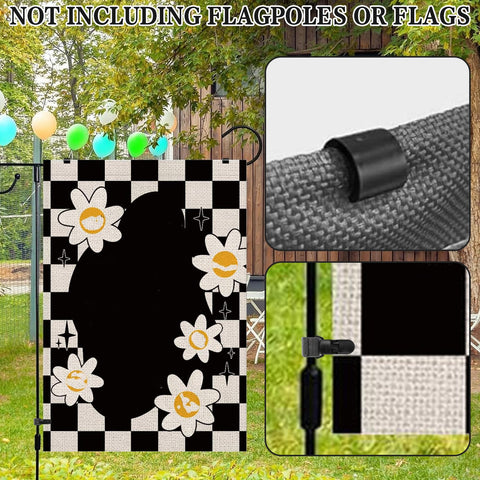 All Season Garden Flag Stoppers And Clips Kit securing checkered banner on outdoor pole