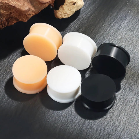 22mm Black Silicone Ear Gauges Tunnels Plugs Set Of 3 Pairs In White And Flesh Colors With Seven Eighths Inch Double Flare
