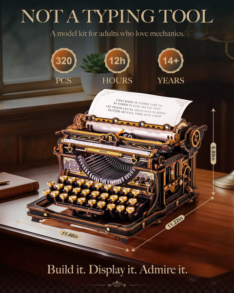 3D Wooden Puzzle for Adults Immersive 12 Hour Typewriter Model Kit on wooden table with measurements
