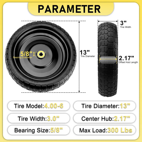 13 Inch Flat Free Replacement Tires For Carts And Wheelbarrows Heavy Duty Beefy Set Of Four showing dimensions and specifications
