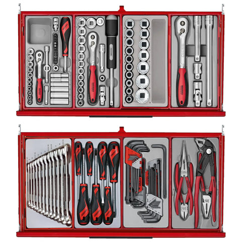 137 Piece PRO35 26 Inch Wide Red Starter Tool Kit With Four Drawer Heavy Duty Steel Cabinet Nine Tool Trays in organized layout