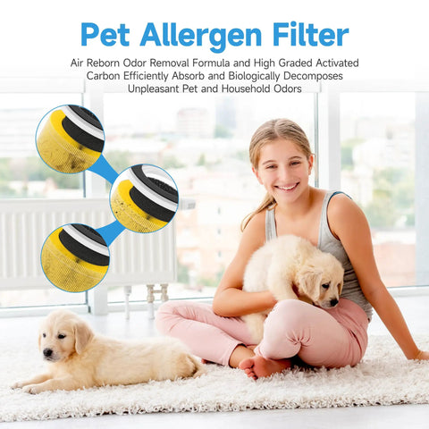 Girl with puppy near 4 Pack Replacement Filters For RP-AP088 Air Purifier In Medium Room, 360 Degree Filtration With Nylon Pre Filter