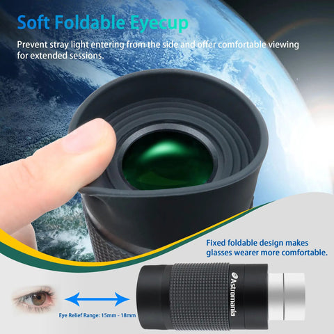 Close-up of 8-24mm Zoom Eyepiece For Telescope 1.25 Inch with a soft foldable eyecup for comfort, showing detailed design.