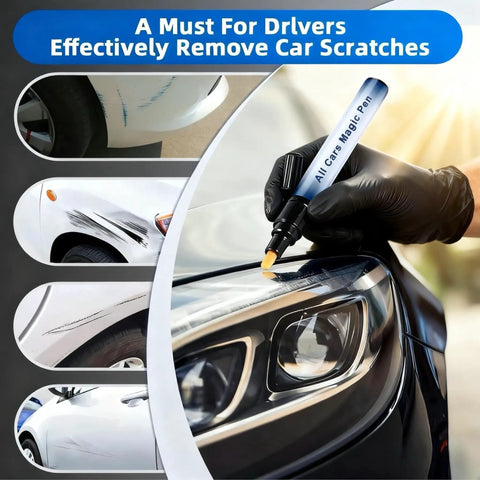 On The Go Car Scratch Remover Pen Kit For Any Color Vehicle used on a car bumper, showing close-up application on scratches.