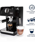 Straight Fire 15 Bar Espresso Machine With Adjustable Steam Wand And Manual Frothing System For Rich Lattes And Quick Shots In Sleek Stainless Steel Finish close-up showing espresso and froth in glasses.