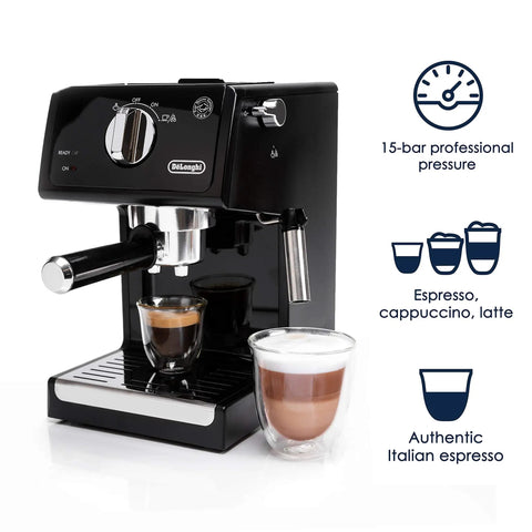 Straight Fire 15 Bar Espresso Machine With Adjustable Steam Wand And Manual Frothing System For Rich Lattes And Quick Shots In Sleek Stainless Steel Finish close-up showing espresso and froth in glasses.