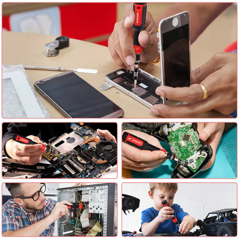 Collage showing 191 In 1 Electronics Precision Screwdriver Set in use on various devices like smartphones and laptops