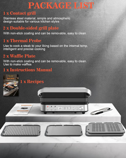 Cattleman 1600W Panini Press Grill And Sandwich Maker With Removable Plates, 6 In 1 Indoor Contact Grill featuring Meat Thermometer and grills