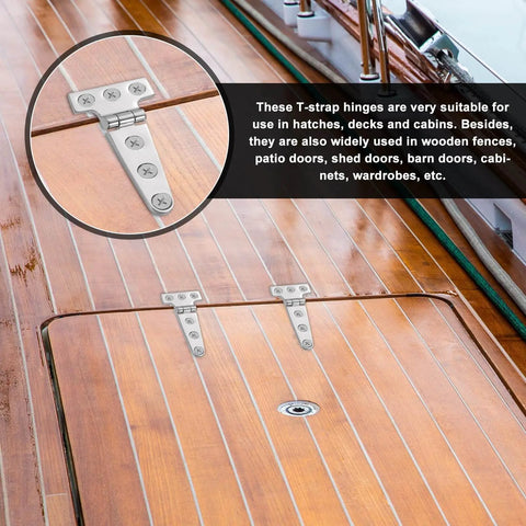 Installed Six Pack Marine Grade T Hinges Heavy Duty T Hinge 6x3 Inch Stainless Steel Boat Hinges on wooden deck hatch