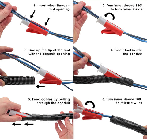 Wire Loom Insertion Tool Set for Three Eighths to Two Inch Conduit Sleeving - demonstrating step-by-step cable insertion process.