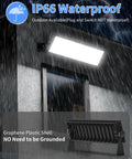 Crazy Bright 100W LED Shop Light Delivers 11000 Lumens Of Daylight 6000K illuminating a wall in the rain, showing IP66 waterproof feature.