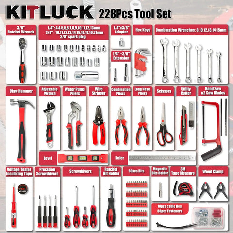 Ultimate 228-Piece Home Tool Kit Set with screwdrivers, wrenches, pliers, saw, knife in a durable portable toolbox for DIY projects
