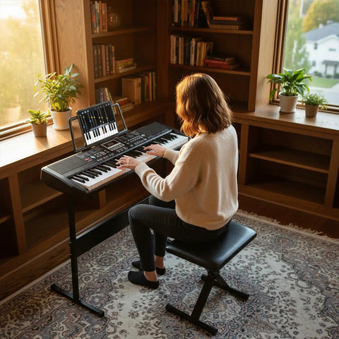 Person playing 61 Key Portable Keyboard Piano With Stand And Bench Lighted Keys 200 Rhythms And 200 Tones in a cozy room