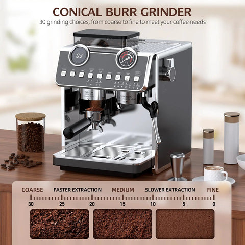 Badass Espresso Machine With Integrated Grinder And Twenty Bar Pressure For Smooth Morning Sips Featuring Thirty Precision Grind Levels Five Eight Millimeter Portafilter And Pro Steam Wand For Creamy Lattes In Sleek Iron Grey showing conical burr grinder and grind settings.