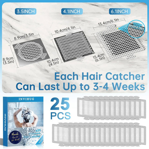 Disposable Shower Drain Hair Catcher Pack 25 Mesh Discs 4.1 Inch Hair Catchers For Shower Clog Prevention No Fuss Cost Effective Bathroom Solution For Stronger Drain Protection featuring size options and durability.