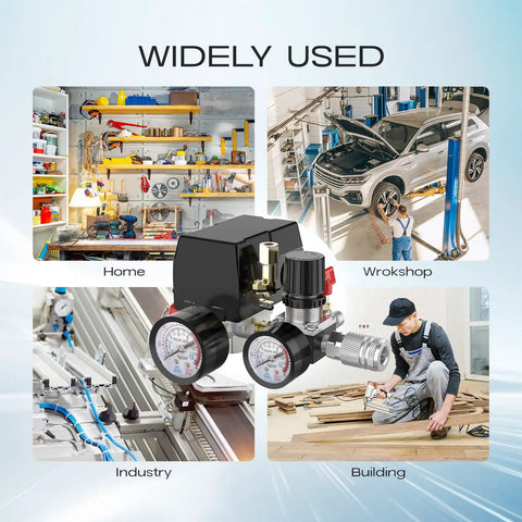 Air Compressor Pressure Switch With Four Port Regulator Gauge 90-120 Psi Cut In Cut Out Easy To Install One Quarter Inch NPT Thread Beefy Durable Quick Connect Valve suitable for Home, Workshop, Industry, and Building environments.