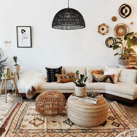 20 Inch Black Modern Bohemian Woven Rope LED Pendant Light Fixture With Adjustable Dome Ceiling Lamp For Kitchen Island Rope Shade