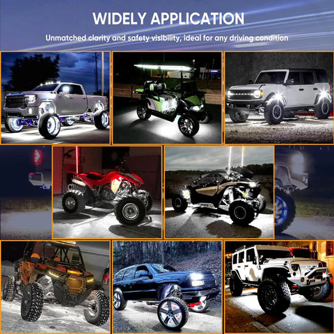 Various vehicles showcasing Pure White LED Rock Lights Kit For Trucks With 12 Pods 6000K White Lighting switch powered durable