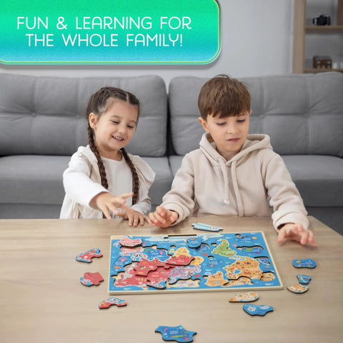 Children playing with World Map Wooden Puzzle For Kids Ages 4 To 6: Learn Continents And Oceans with landmarks on a table