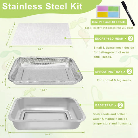 Diagram of Stainless Steel Sprouts Growing Kit 2 Tier 10 Inch Trays Microgreens Seed Sprouting Tray With Encrypted Mesh Filters.