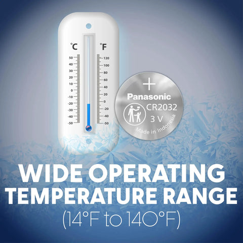 Panasonic CR2032 3V Lithium Coin Cell Batteries In Child Resistant Packaging Delivering Heavy Duty Power In A Top Shelf Ten Pack on a thermometer.
