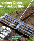Heavy Duty Lawn Leveler Rake With 304 Stainless Steel Head in action on soil, showing 30-inch wide head and ergonomic handle