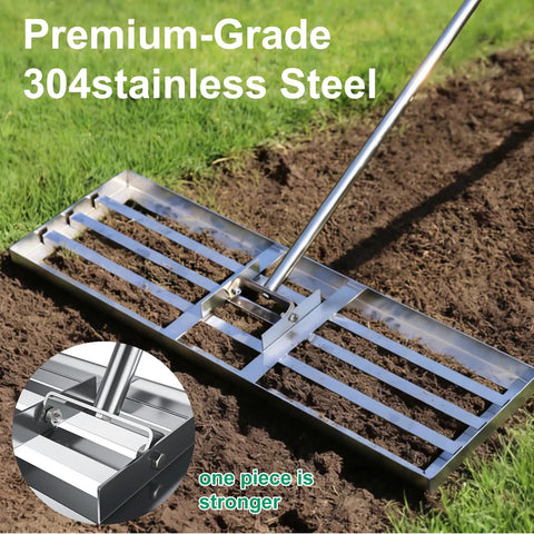 Heavy Duty Lawn Leveler Rake With 304 Stainless Steel Head in action on soil, showing 30-inch wide head and ergonomic handle