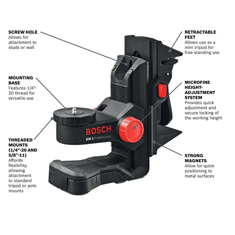 Pro Grade Laser Positioning Device with microfine height adjustment, threaded mounts 1/4-20 & 5/8-11, strong magnets visible