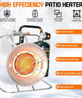 Go-To Outdoor Portable Propane Patio Heater And Cooker 18000 BTU With USB Lighter showing components and safety features
