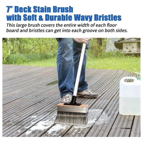 Person using a 7 Inch Deck Stain Brush Applicator For Wood Fence Brick And Concrete Surfaces Heavy Duty Outdoor Oil Staining Brush