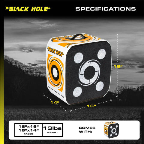 Beast Four-Sided Archery Target For Crossbows, 16 By 16 By 14 Inches, Open-Face Layered Design, with carry strap shown in field.