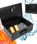 Fireproof Document Safe Box With Dual Lock System, Combination And Key Lock, Sturdy Handle, Open View With Gold Bars And Jewelry