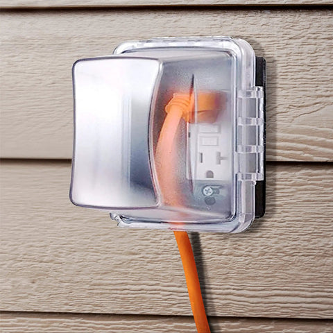 Weatherproof 1-Gang Outdoor Outlet Cover with clear finish, 4.75 inch deep, mounted on exterior wall covering plugged-in cord.
