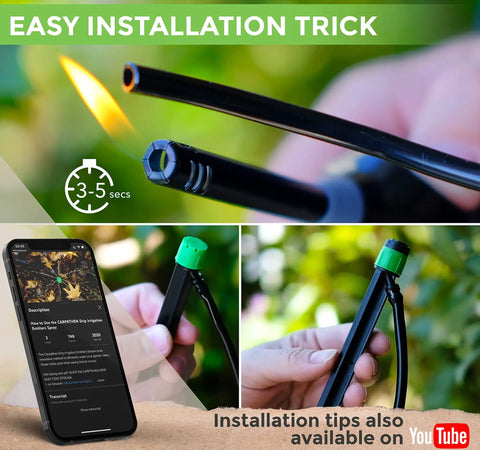 12 Pack Drip Irrigation Emitters For One Quarter Inch Tubing 360 Degree Adjustable Flow Includes Barbed Couplings And Extra Sprinkler Heads Easy Clip On Irrigation Kit For Garden Systems shown with installation trick and YouTube tips