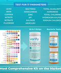 17In1 Complete Drinking Water Test Kit With 100 Strips And 2 Bacteria Tests, showing test strips, bottles, and color-coded results.