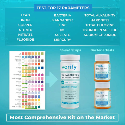 17In1 Complete Drinking Water Test Kit With 100 Strips And 2 Bacteria Tests, showing test strips, bottles, and color-coded results.