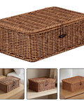 Three Piece Rectangular Woven Storage Bins With Lids Feature Slick Plastic Rattan Construction To Keep Your Home Tidy And Knocking Out Daily Clutter With Zero Hassle Prime Pick For Any Home Or Office, shown from different angles.