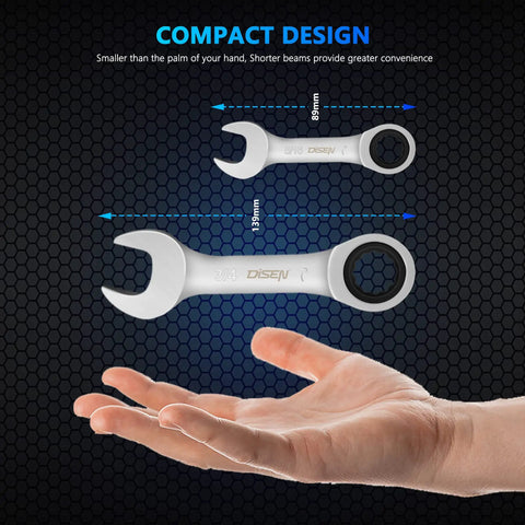 8 Piece Stubby Ratcheting Wrench Set Five Sixteenth Inch To Three Quarter Inch SAE 12 Point 72 Tooth CRV Steel Compact Design