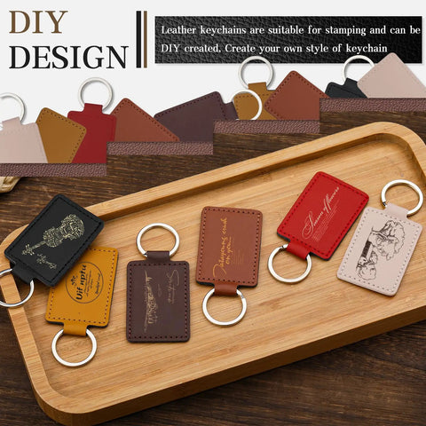 Top Shelf Pu Leather Keychain Blanks Set Contains Fifteen Heavy Duty Fob Tags In Six Bright Shades on a wooden tray.