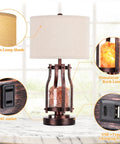 2 In 1 Farmhouse Table Lamp With Himalayan Salt Night Light, Touch Dial Bedside Lamp With USB A C Ports And AC Outlet, showing linen shade