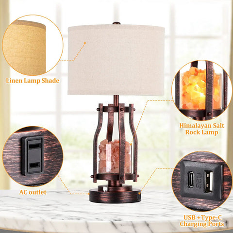 2 In 1 Farmhouse Table Lamp With Himalayan Salt Night Light, Touch Dial Bedside Lamp With USB A C Ports And AC Outlet, showing linen shade