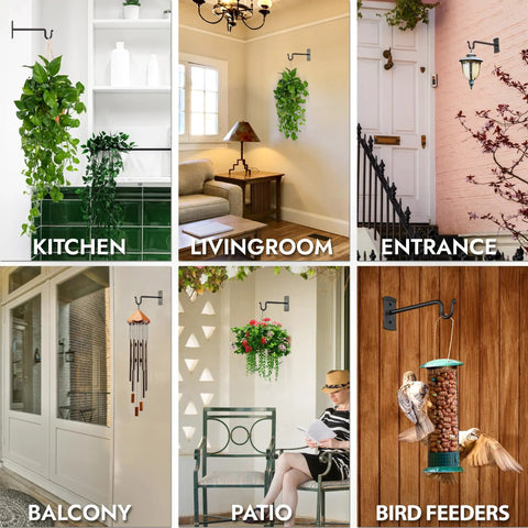 Heavy Duty Wrought Iron Plant Hanger Set Of Two For Indoor Or Outdoor Use Metal Wall Bracket Hooks To Hang Plants, Baskets, Lanterns And Bird Feeders in different setups including kitchen, living room, and patio.
