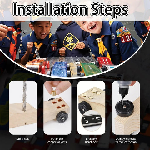 Children with pinewood derby cars and steps showing Pinewood Derby Weights Kit With Graphite Lubricant For Axles And Wheels Lead Free Copper