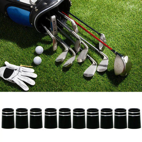 Pro Grade Replacement Black Plastic Golf Ferrules Set For 0.370 Parallel Tip Shafts, Pack of 10 shown with golf clubs