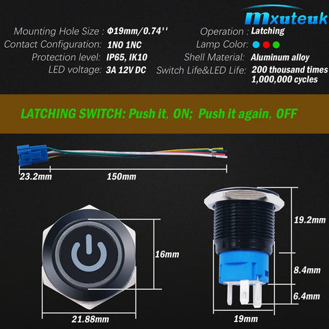 Diagram of Rugged 12V Latching Push Button Switch 1NO1NC SPDT, 19mm Metal Panel Mount, IP65, LED connectivity shown