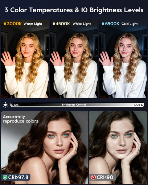 Comparison of 3000K warm, 4500K white, and 6500K cold light with high CRI 97.8 using Ring Light With Desk Stand For Video Creation And Makeup.