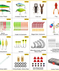 Ultimate Pro Grade Fishing Lures And Accessories Kit With Tackle Box Including Hooks Minnow Crankbait Frog Popper Worm Spoon Spinner Bait For Bass Crappie Freshwater Angling Gear Gift For Men; image of various lures and accessories in compartments.