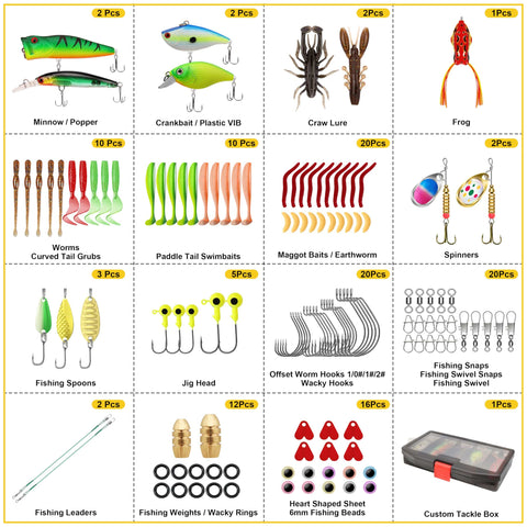 Ultimate Pro Grade Fishing Lures And Accessories Kit With Tackle Box Including Hooks Minnow Crankbait Frog Popper Worm Spoon Spinner Bait For Bass Crappie Freshwater Angling Gear Gift For Men; image of various lures and accessories in compartments.